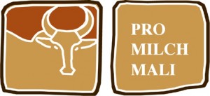 Das Logo von Pro Milch Mali zeigt eine Zebukuh und der braune Hintergrund erinnert an die heisse Jahreszeit in Mali.